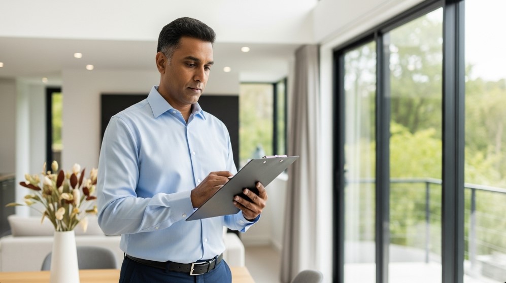 Middle-aged man, holding a clipboard and overseeing maintenance in a residential building.