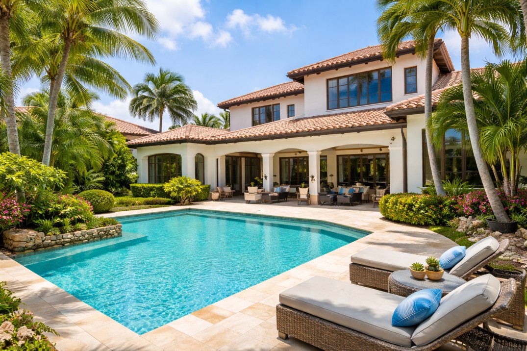 Boca Raton home management professional inspecting luxury estate exterior