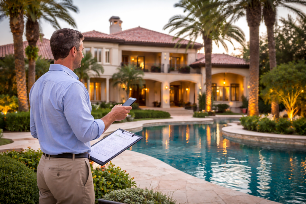 Estate management services near me inspecting luxury second home with pool and exterior lighting