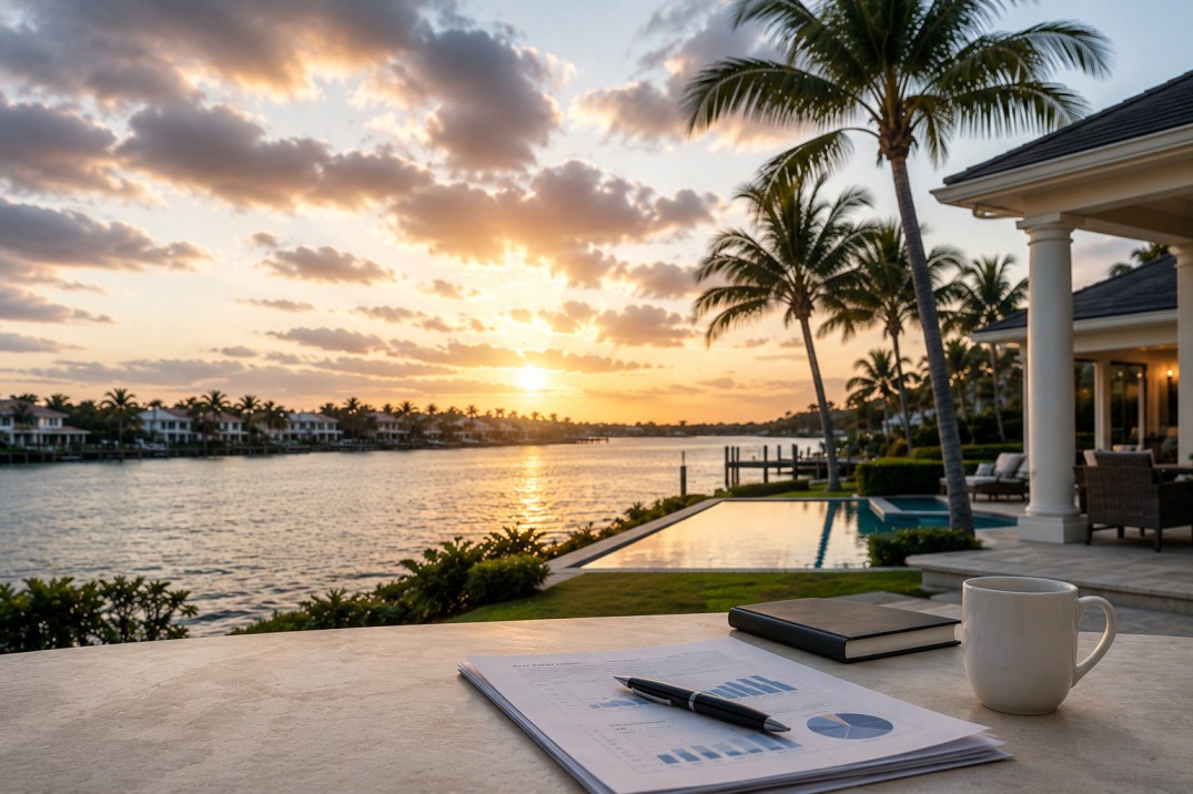 Luxury waterfront Palm Beach home overlooking the water related to second home taxes and seasonal property ownership.