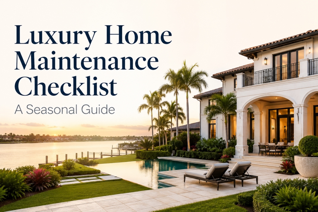Luxury waterfront home in South Florida featuring a pool and tropical landscaping for a seasonal luxury home maintenance checklist