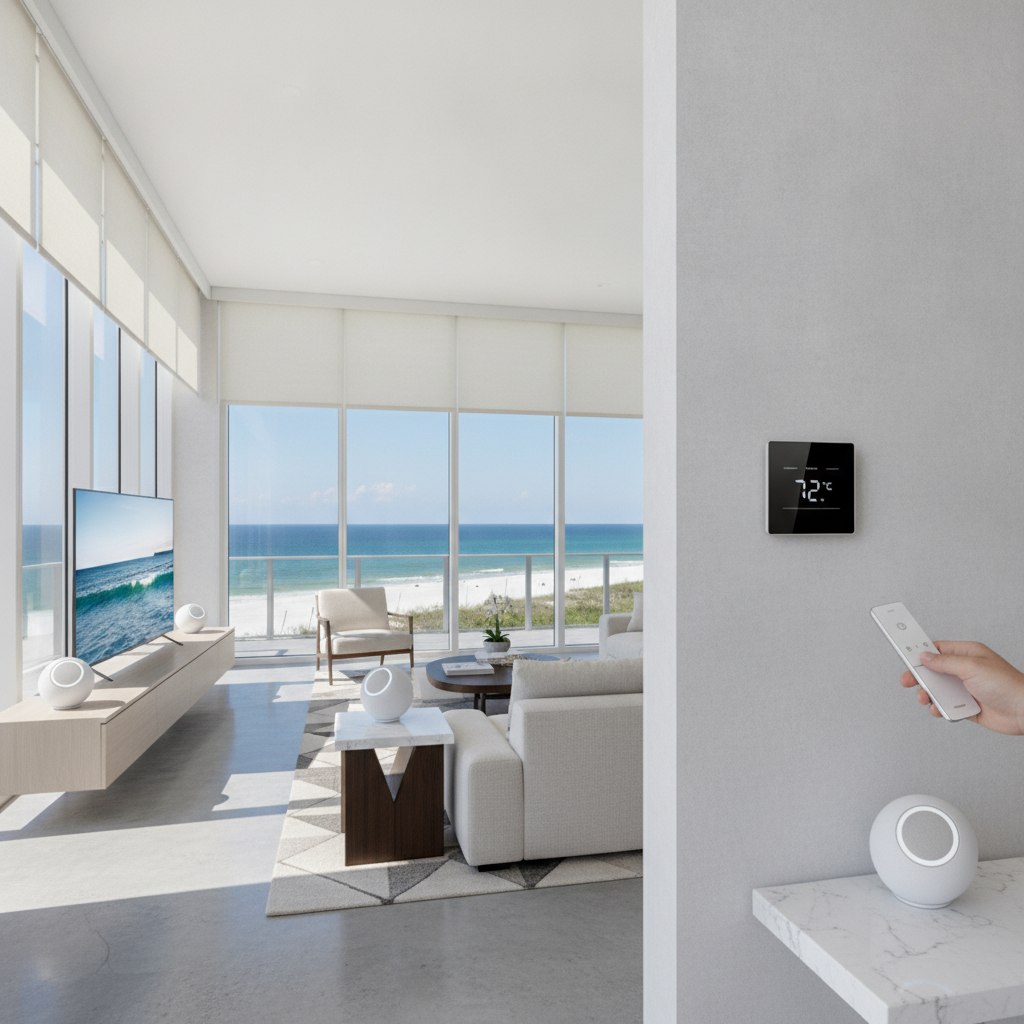 Smart Home Technology Every Luxury Second Home Should Have Today 1 Smart home technology for luxury homes with a smart thermostat in a luxury coastal living room